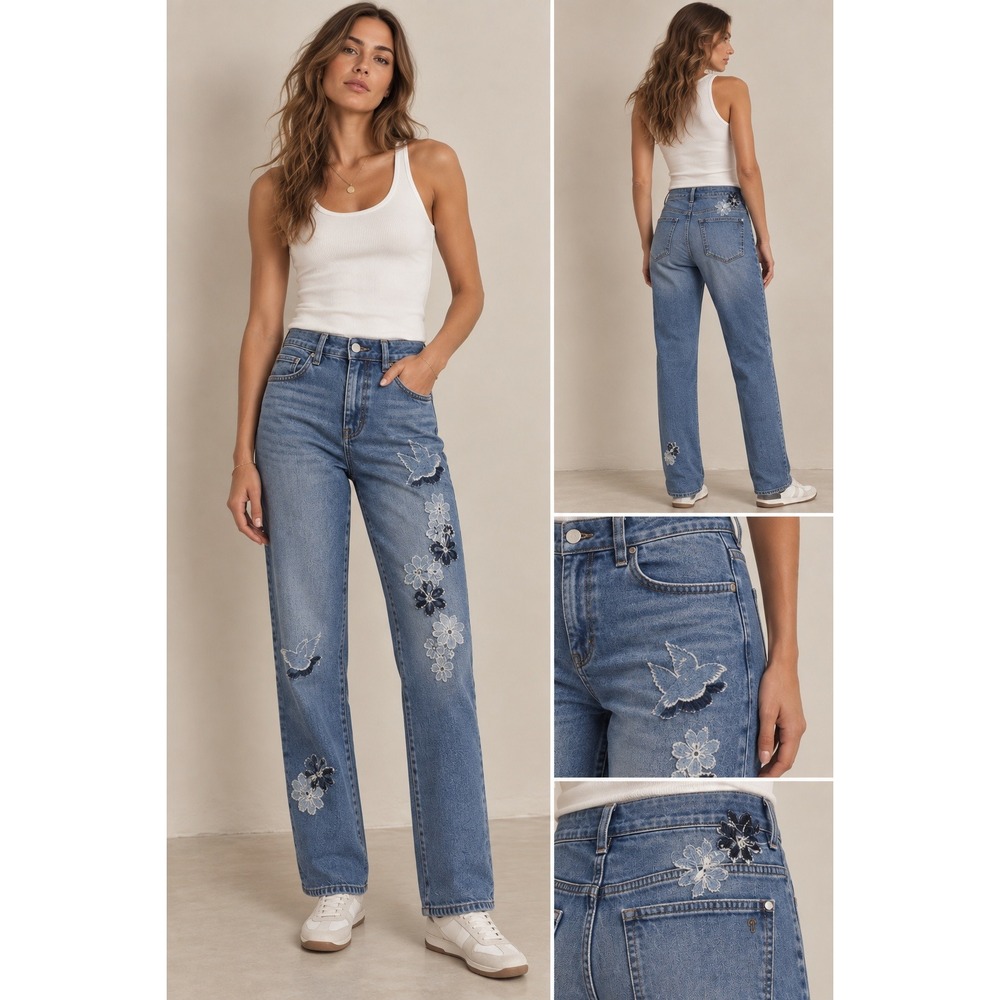 Anthropologie Pilcro Classic High Rise Straight Leg Jeans Boho Embroidered 27
